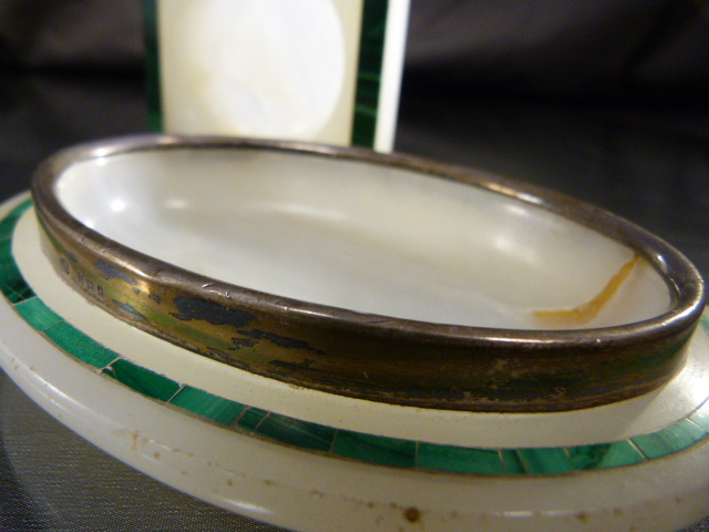 Alabaster and malachite square pin tray along with another Alabaster pine tray inlaid with a - Image 5 of 9