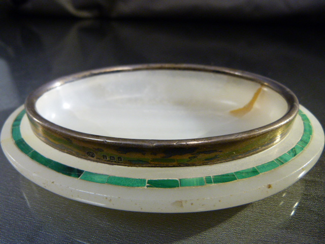 Alabaster and malachite square pin tray along with another Alabaster pine tray inlaid with a - Image 9 of 9