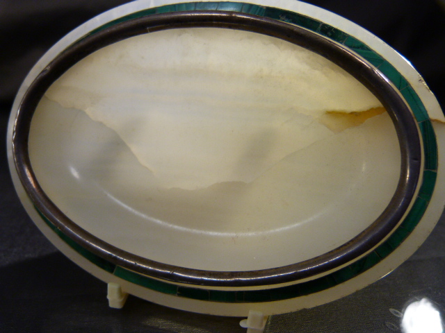 Alabaster and malachite square pin tray along with another Alabaster pine tray inlaid with a - Image 2 of 9