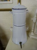 Large blue and white enamelled coffee percolator with original tap and lid