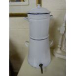 Large blue and white enamelled coffee percolator with original tap and lid