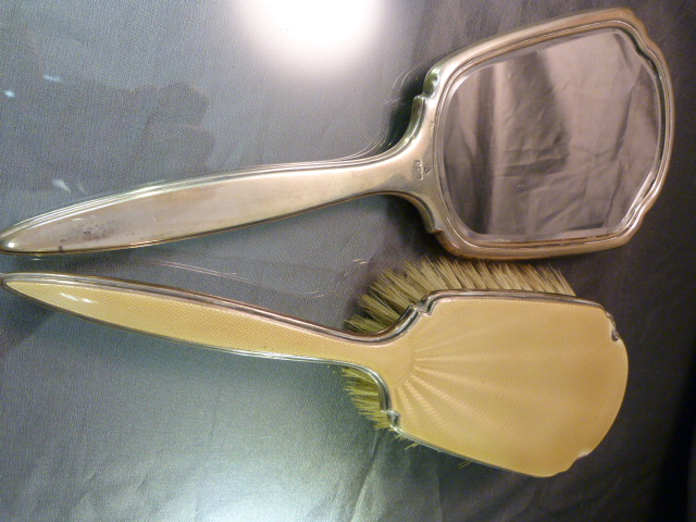 Hallmarked silver dressing table brush and mirror with Golden Gullioche enamel. By Adie Brothers Ltd - Image 2 of 8