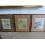 Set of Three japanese watercolours of birds with Red signature marks