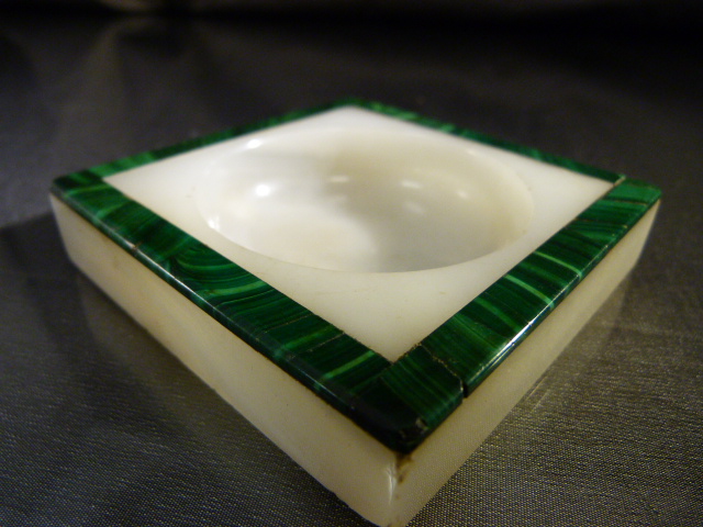 Alabaster and malachite square pin tray along with another Alabaster pine tray inlaid with a - Image 8 of 9