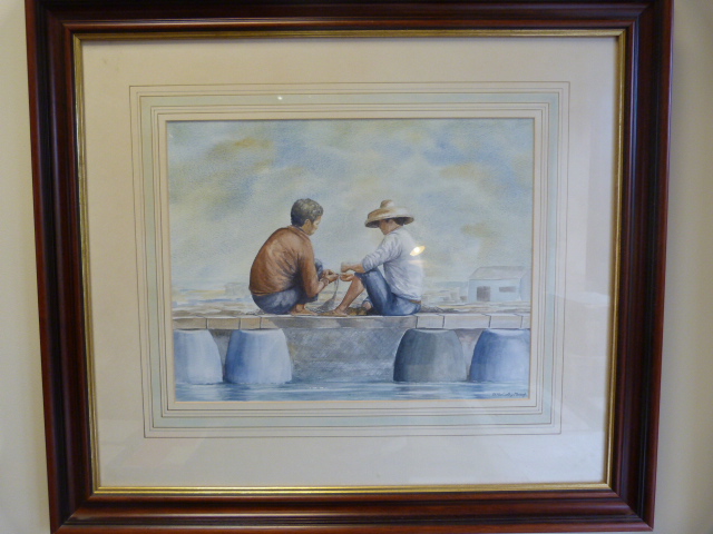 Watercolour of men fixing nets by P E MacCarthy-Morrogh and an oriental print of a cockerel. - Image 4 of 5