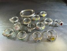 Collection of 13 Hallmarked silver rings and a childrens' bangle. Total approx weight 50.7g