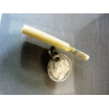 Ivory cricket bat on ring with 3d silver coin attached