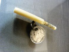 Ivory cricket bat on ring with 3d silver coin attached