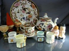 Collection of Mason's Mandalay china along with Laurel and Hardy salt and pepper pot, Sooty Egg cups