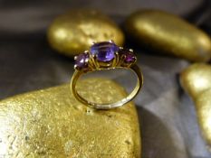 9ct Amethyst and Garnet Ring, central Amethyst approx 5.4mm diameter with an approx 3.9mm diameter