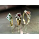 3 x Gold on Silver dress rings, CZ and Gem Set. Approx weight 8g