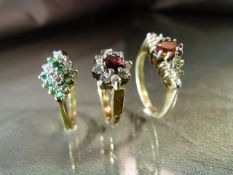 3 x Gold on Silver dress rings, CZ and Gem Set. Approx weight 8g