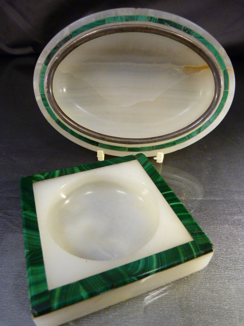 Alabaster and malachite square pin tray along with another Alabaster pine tray inlaid with a