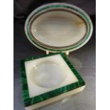 Alabaster and malachite square pin tray along with another Alabaster pine tray inlaid with a