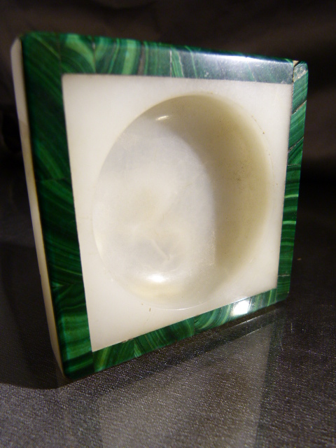 Alabaster and malachite square pin tray along with another Alabaster pine tray inlaid with a - Image 7 of 9