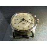 A GENTLEMAN'S STAINLESS STEEL BRITISH MILITARY LEMANIA SINGLE BUTTON CHRONOGRAPH WRIST WATCH. Manual