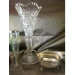 Tall Cut Glass bud vase, Victorian green and clear glass bud vase with silver collar (Birmingham