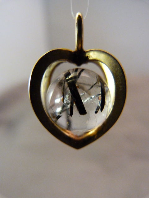 Two 14k Gold Pendants - 1 heart shaped cage with an approx 11mm Tourmilated Quartz Ball inside, - Image 4 of 4