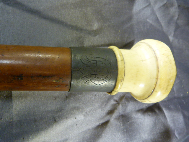 Malacca walking cane with large rounded top ivory handle and silver collar by C T Burrows & Sons ( - Image 4 of 9