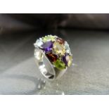 Silver 925 Multi Gem set cluster ring. approx 17.25mm wide. Size UK - R and USA - 8 Weight approx