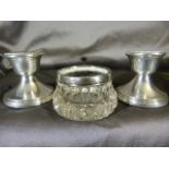 London Hallmarked silver topped salt along with a pair of squat candlesticks L J Millington