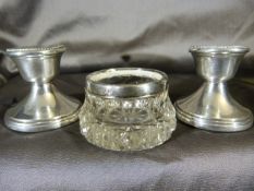 London Hallmarked silver topped salt along with a pair of squat candlesticks L J Millington