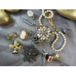 Collection of costume jewellery to include a 9ct Gold cameo brooch with safety chain