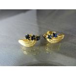 Pair of Sapphire and Diamond Earrings, in unmarked Gold (possibly High Carat). A Line of 3 Oval