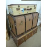 Three vintage wooden bound trunks - 1 With BP Passenger stickers to front.