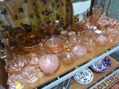 Large collection of pink glassware to include dressing table sets and vases etc