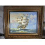 Oil on Board painting of Sail Ships signed Ambrose in red Lower Right.