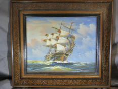 Oil on Board painting of Sail Ships signed Ambrose in red Lower Right.