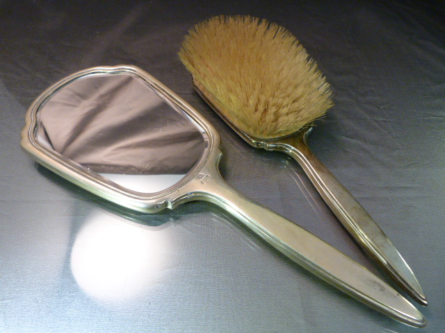 Hallmarked silver dressing table brush and mirror with Golden Gullioche enamel. By Adie Brothers Ltd - Image 3 of 8