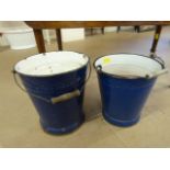 Two blue enamelled water / fire buckets with wooden handles