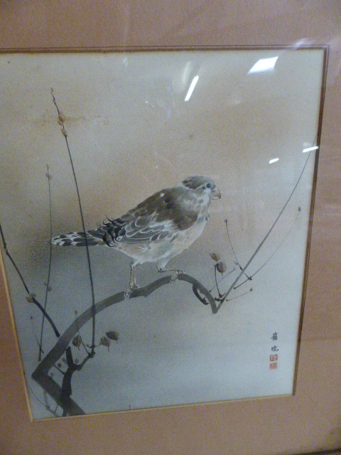 Set of Three japanese watercolours of birds with Red signature marks - Image 4 of 5