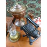 Copper Samovar, brass oil lamp and a copper jug