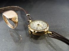 Ladies 9ct Gold watch with corded Leather Strap and 9ct Gold Gents Signet ring. Size approx UK - Q