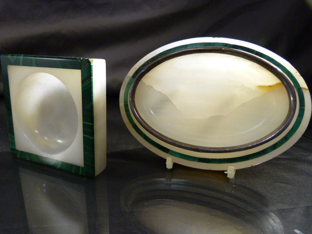 Alabaster and malachite square pin tray along with another Alabaster pine tray inlaid with a - Image 4 of 9