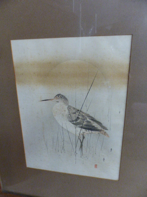 Set of Three japanese watercolours of birds with Red signature marks - Image 3 of 5