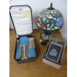 Boxed dressing table set in case, Kodak Brownie camera II and a Tiffany style lamp