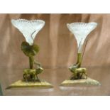 Pair of Gilt metal bud vases, Triangular bases with stags leading to a cut glass tulip vase above