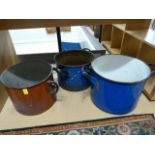 Three large enamelled cooking pots - 2 blue and 1 red