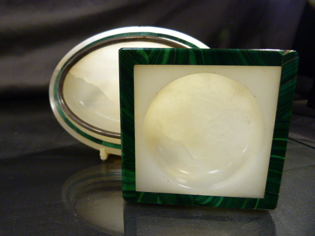 Alabaster and malachite square pin tray along with another Alabaster pine tray inlaid with a - Image 3 of 9