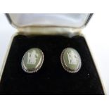 1940's silver set green Wedgwood Jasper ware clip on earrings depicting a Grecian lady with deer.