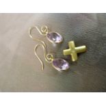 Box containing a pair of 14K designer Amethyst drop earrings and a 9ct Gold Matt finish cross, set