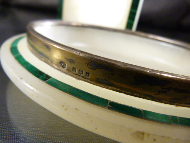 Alabaster and malachite square pin tray along with another Alabaster pine tray inlaid with a - Image 6 of 9