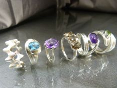 ix Silver 925 rings. (1 Heavy Zig Zag design ring, approx UK - O and USA - 7. (2) Set with three