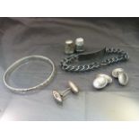 Bag of silver including a 13.4mm Wide ID bracelet, 2 hallmarked Thimbles and a bangle. Total