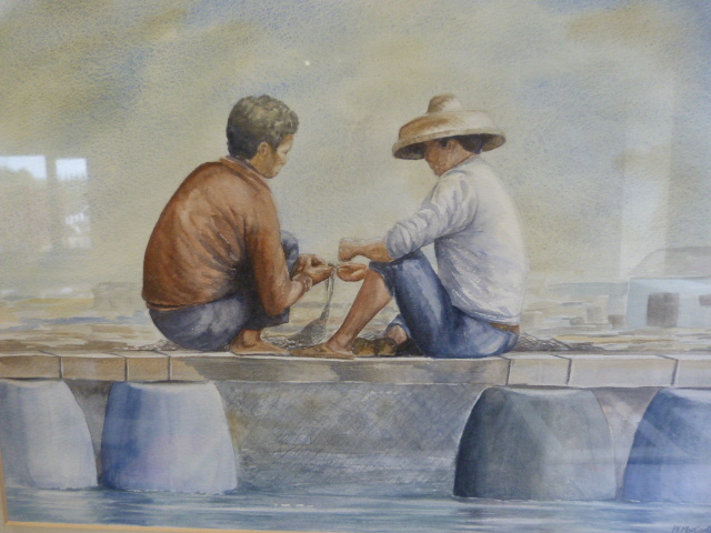 Watercolour of men fixing nets by P E MacCarthy-Morrogh and an oriental print of a cockerel. - Image 5 of 5