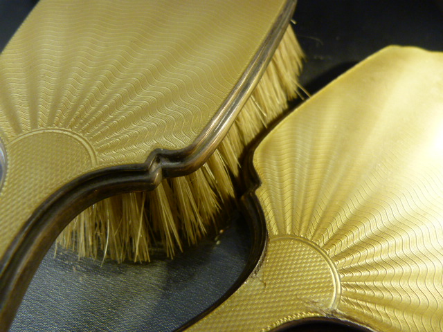 Hallmarked silver dressing table brush and mirror with Golden Gullioche enamel. By Adie Brothers Ltd - Image 8 of 8